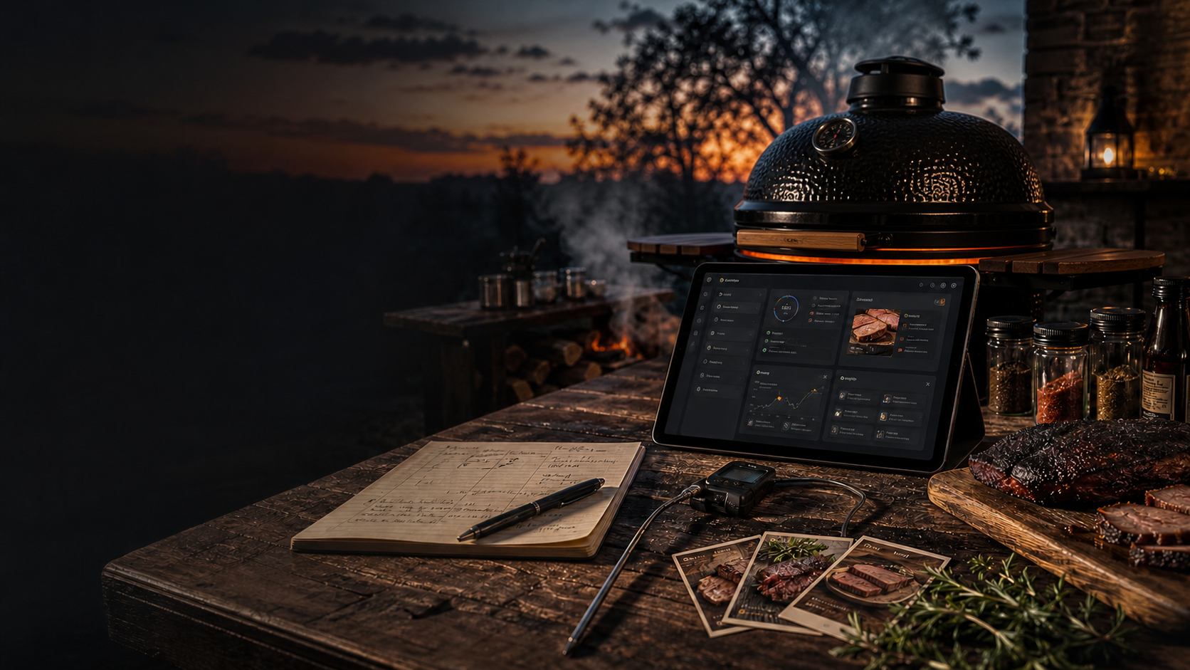 Stoere BBQ werkplek met smoker, notities, kruiden en een digitaal dashboard